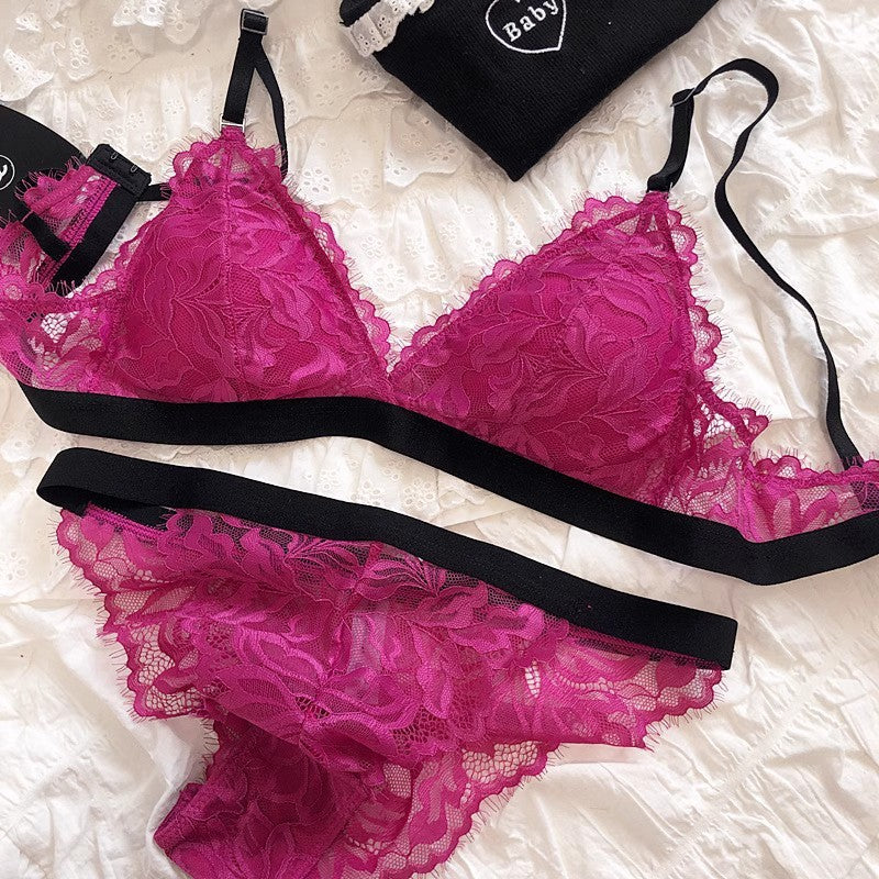 FREEDOMBEAUTY | Cross-border French underwear thin contrasting color triangle cup no steel ring bra big chest small sexy lace bra set