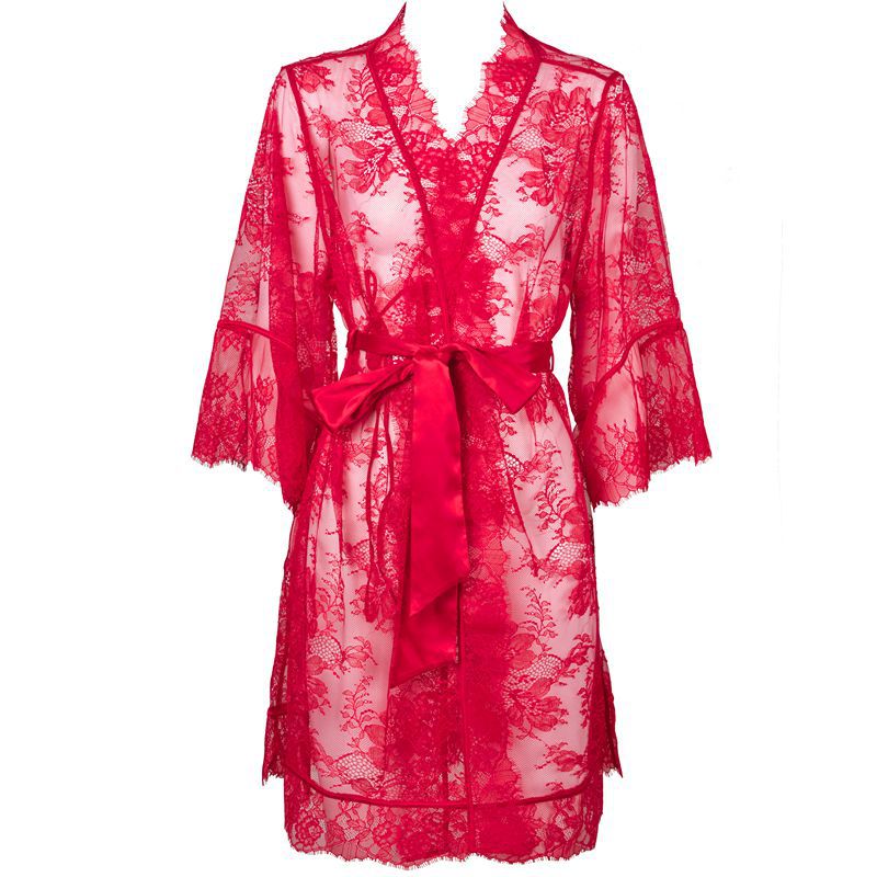 FREEDOMBEAUTY | FQ2871 Eyelash lace perspective satin nightgown medium sleeve morning gown women's wedding cross-border European and American matching coat quality