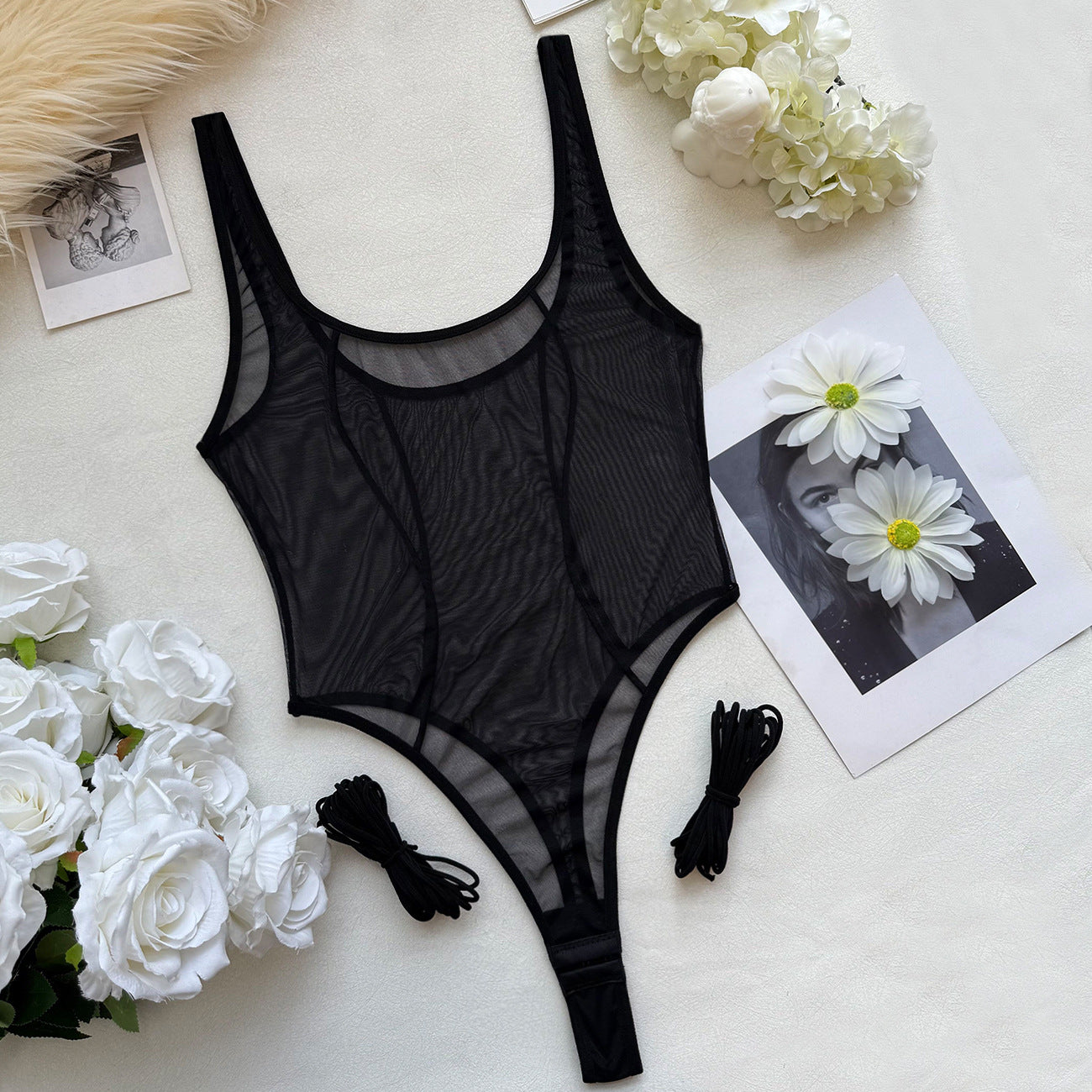 FREEDOMBEAUTY | Sexy high-fork perspective strap sex underwear, black halter perspective suspender onesie