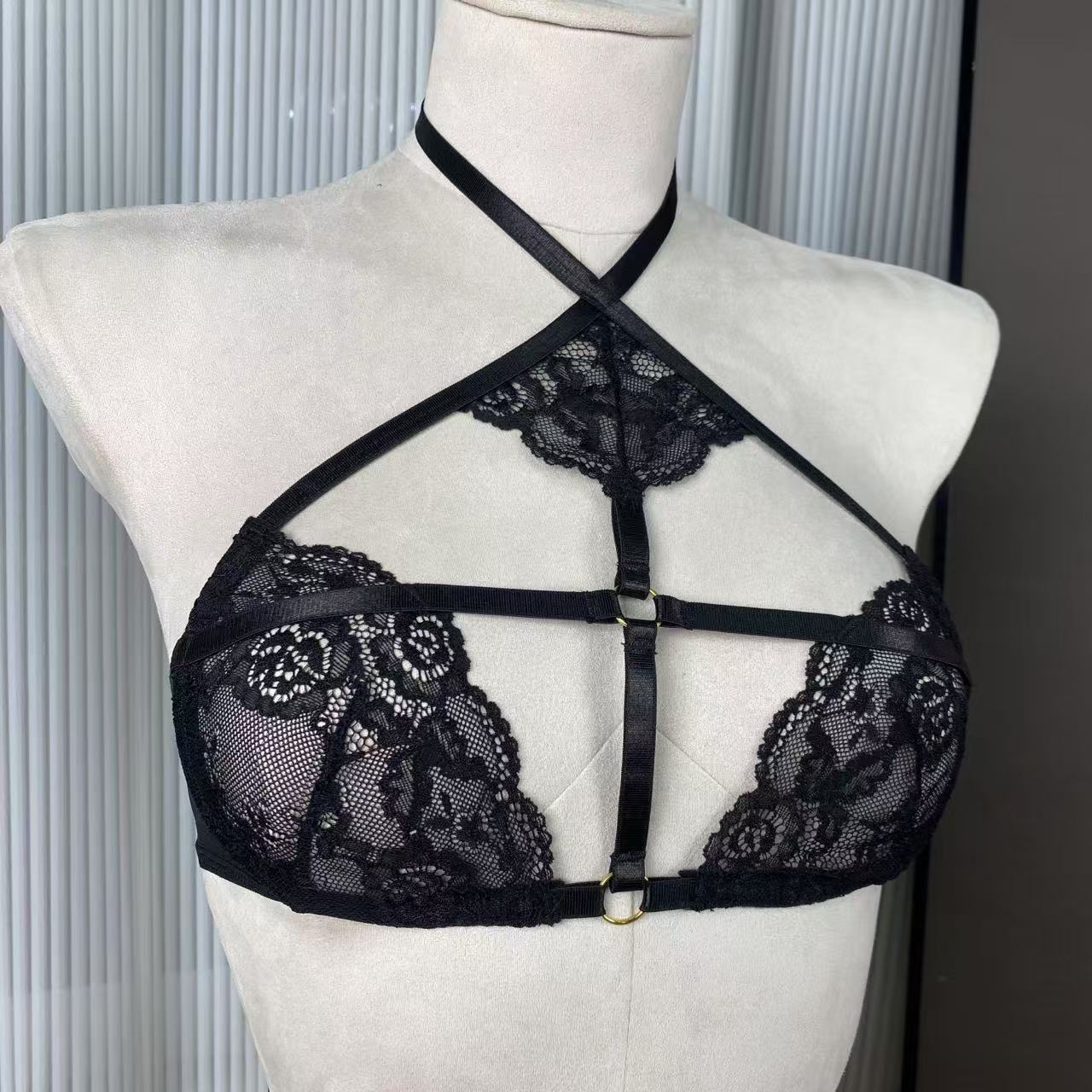 FREEDOMBEAUTY | FQ2727 Black lace neck light steel ring bra high waist multi-belt underwear women's sexy suit European and American cross-border