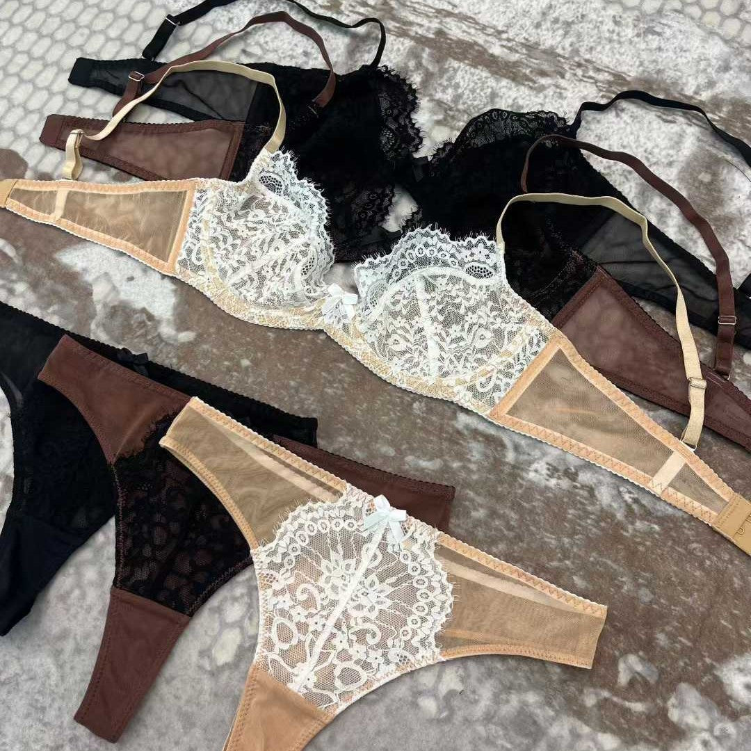 FREEDOMBEAUTY | French underwear ultra-thin and exquisite lace embroidered bra, foreign trade large chest, small anti-sagging gathering bra set