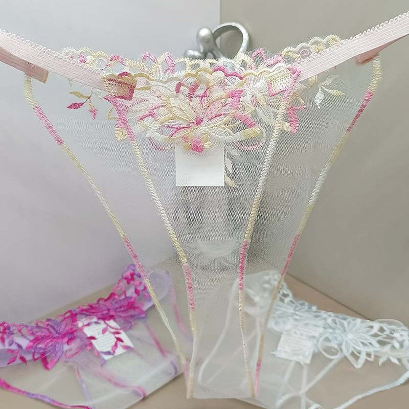 FREEDOMBEAUTY | Transparent mesh embroidery three-piece color matching light crotch-free sexy hollow sex thong three-piece cross-border