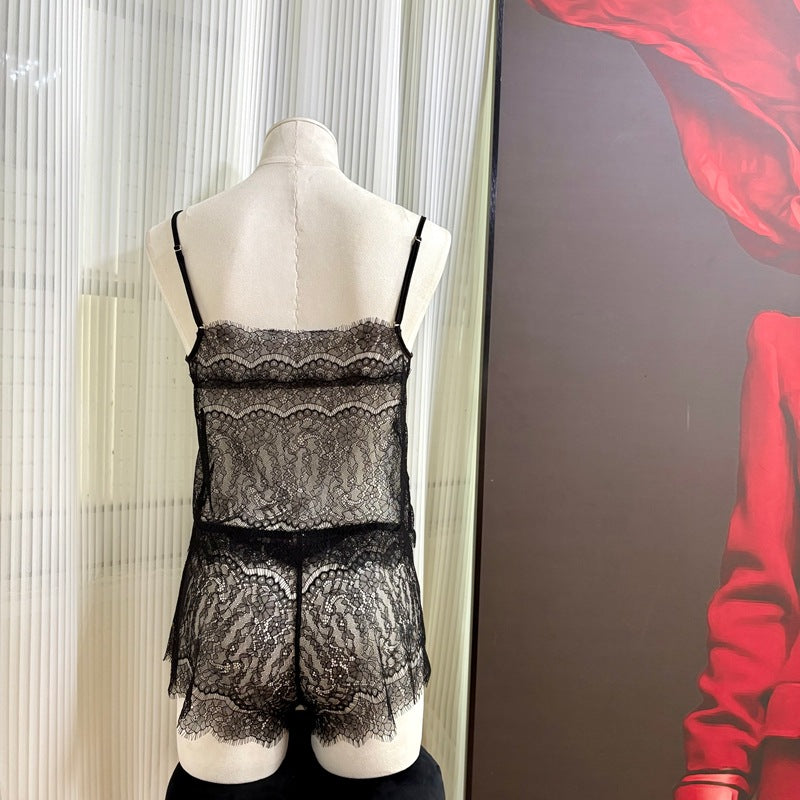 FREEDOMBEAUTY | FQ2870 eyelash lace sling perspective thin hollow women's sex pajamas set black red European and American cross-border