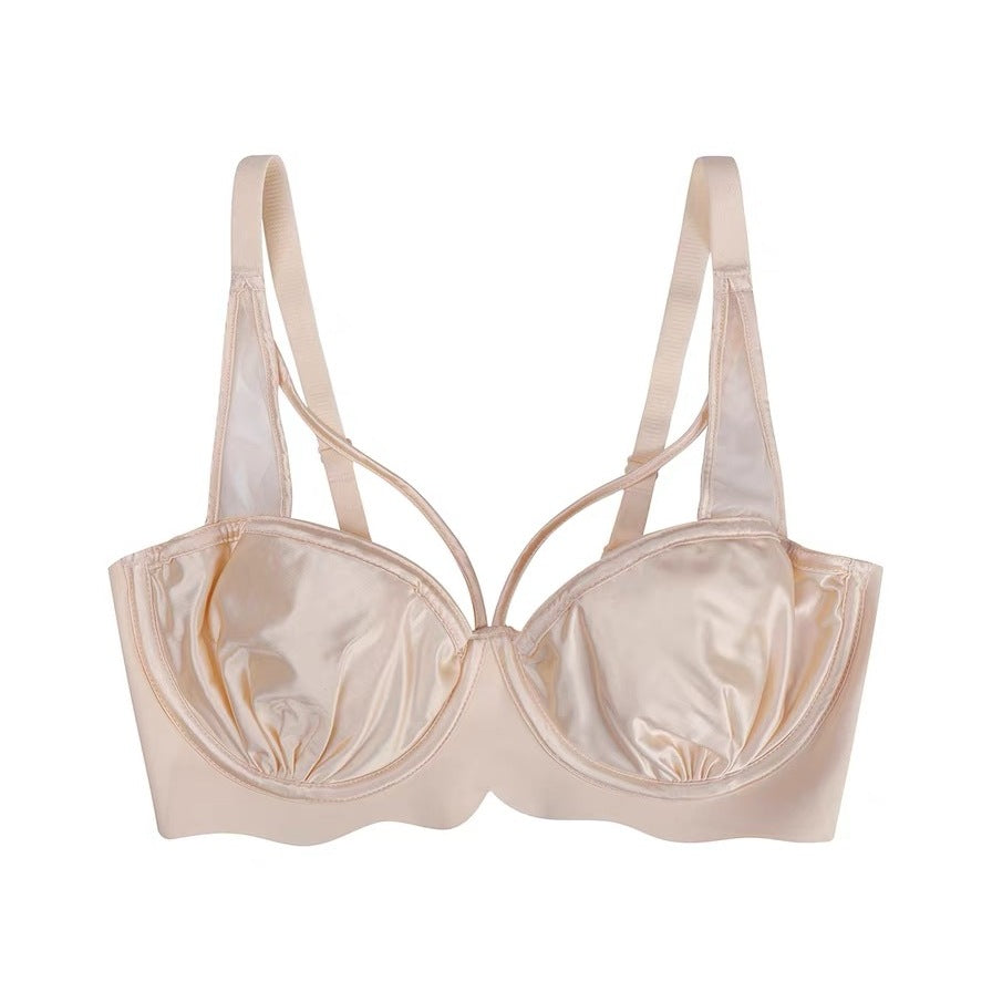 Freedombeauty | Sexy French Satin Traceless Underwear Thin Big Breasts Showing Small Rabbit Ears Cup Soft Steel Rim Breathable Upper Support Bra Women