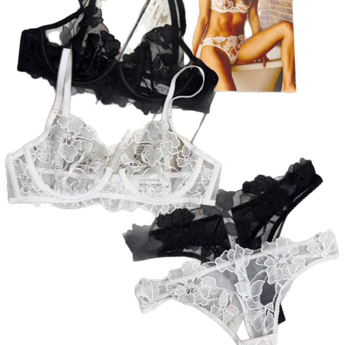 FREEDOMBEAUTY | French Lace Underwear Thin Embroidery Big Breasts Small Steel Rim Anti-Sagging Bra Gather Bra Set Sexy Bra