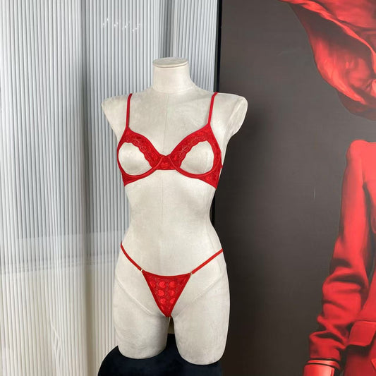FREEDOMBEAUTY | FQ2939 Valentine's Day gift 520 steel rim milk love lace open crotch thong set