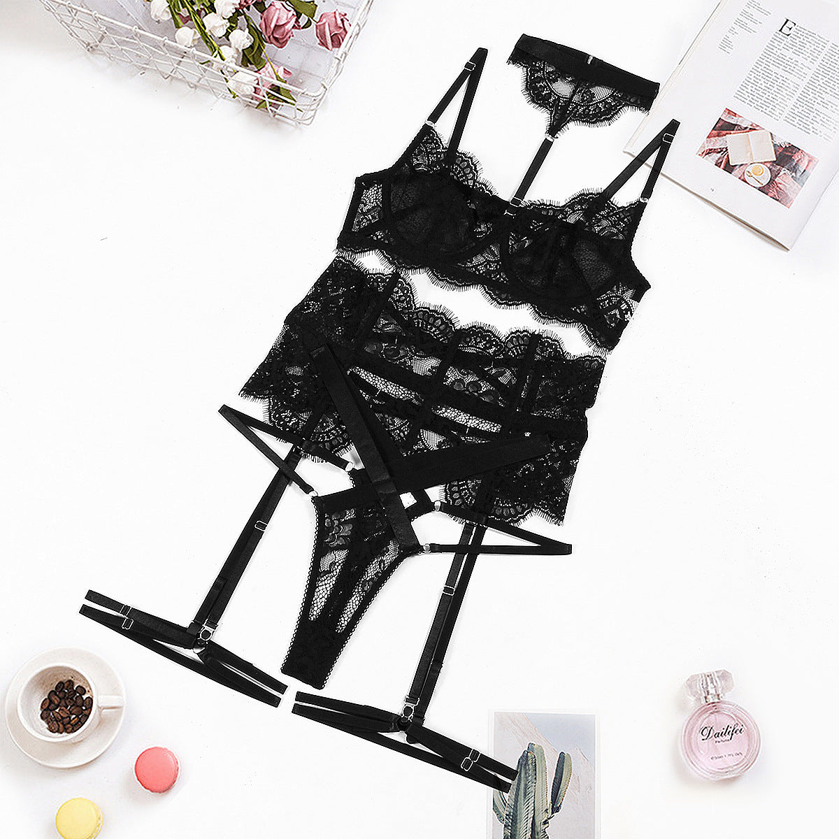 Freedombeauty | Hot-selling lingerie French lace sexy perspective five-piece underwear set