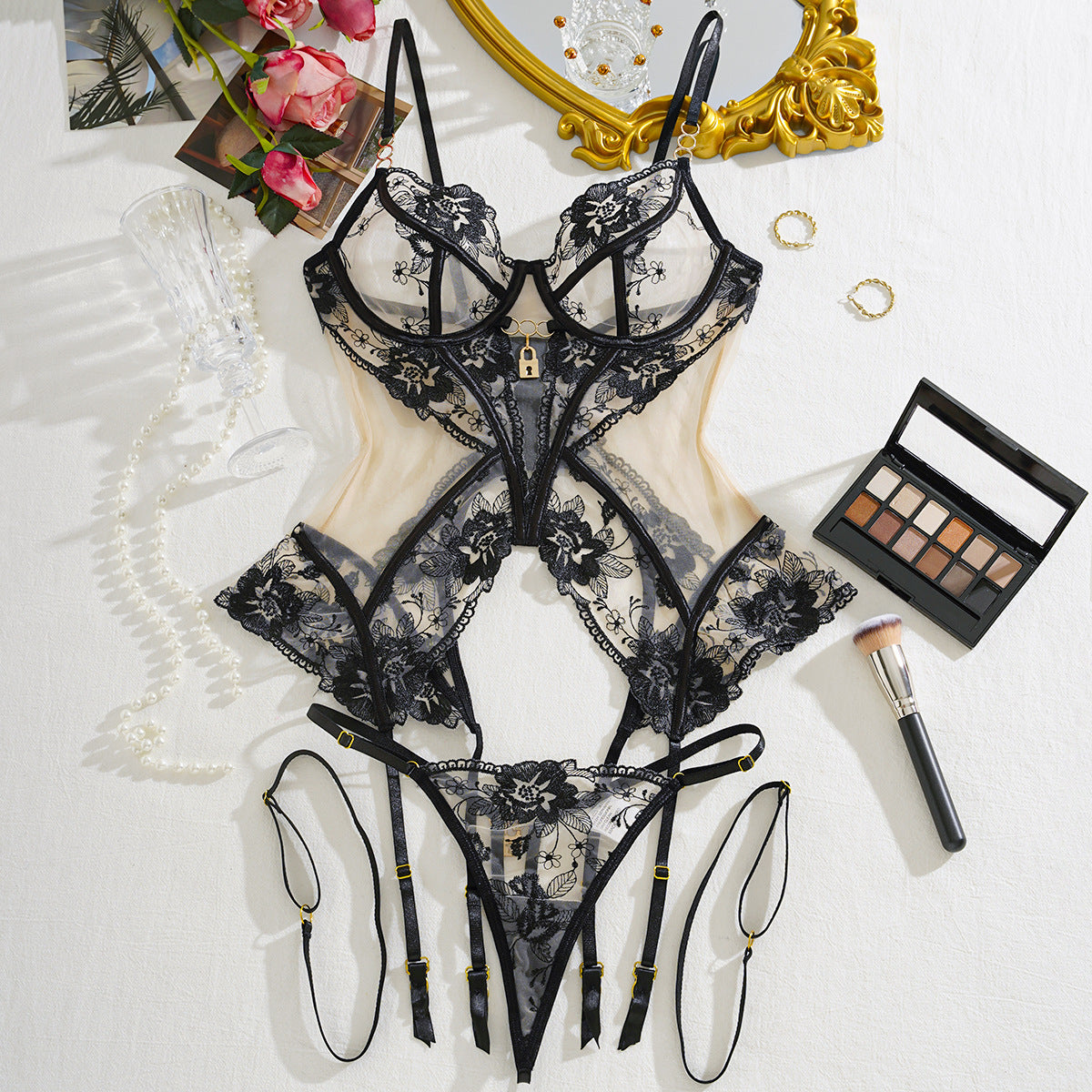 Freedombeauty | Sexy bra set mesh see-through thin lace seduction underwear three-piece set