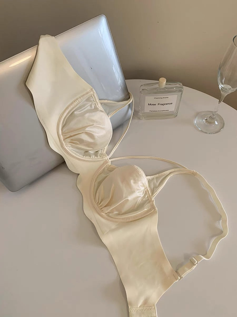 Freedombeauty | Sexy French Satin Traceless Underwear Thin Big Breasts Showing Small Rabbit Ears Cup Soft Steel Rim Breathable Upper Support Bra Women
