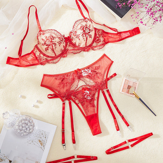 FREEDOMBEAUTY | Bra mesh embroidery perspective seduction comfortable close-fitting lingerie suit women