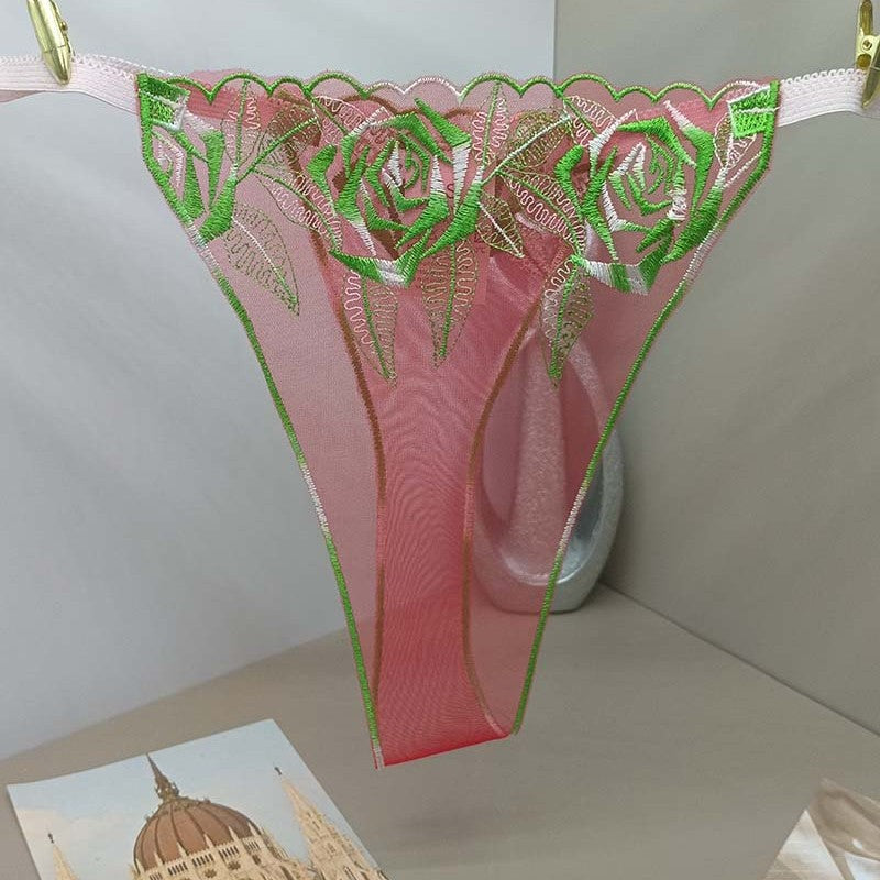 FREEDOMBEAUTY | Transparent red mesh embroidery hollowed-out sexy women's sex thong t-pants flower embroidery perspective panties cross-border
