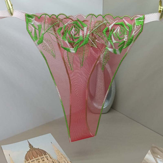 FREEDOMBEAUTY | Transparent red mesh embroidery hollowed-out sexy women's sex thong t-pants flower embroidery perspective panties cross-border