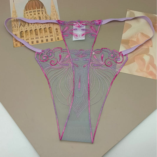 FREEDOMBEAUTY | Transparent mesh embroidery sexy perspective light women's sexy thong three-color optional pattern embroidery cross-border