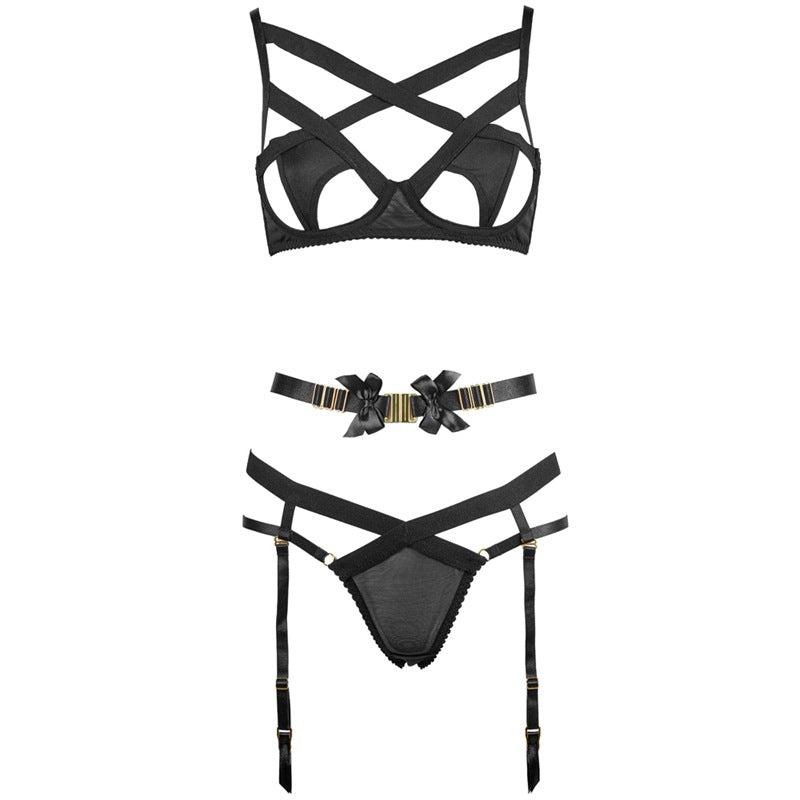 FREEDOMBEAUTY | FQ2657 Cross Strap Hollow Rim Bra Set Women's Sexy Removable Garter Briefs Low Waist Black