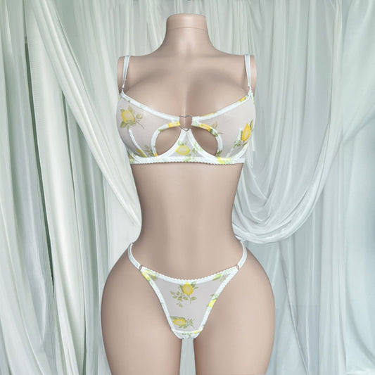 FREEDOMBEAUTY | lemon print mesh bra set, love button thong two-piece set