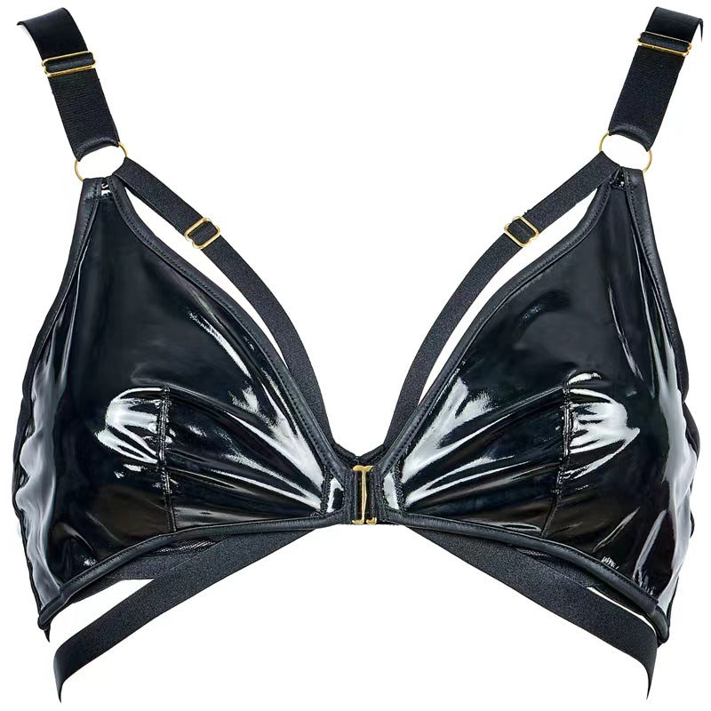 FREEDOMBEAUTY | FQ2812 patent leather series micro-elastic imitation leather steel ring quality export single bra sexy underwear garter combination
