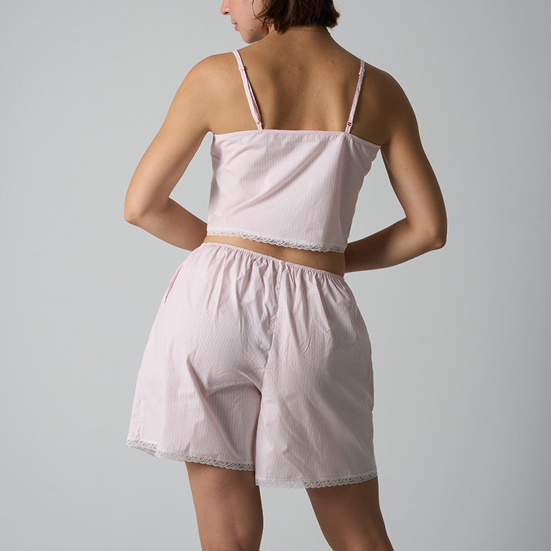 FREEDOMBEAUTY | COTTON JERSEY The same STRIPES lace-up woven bow clavicle super vest lace striped set