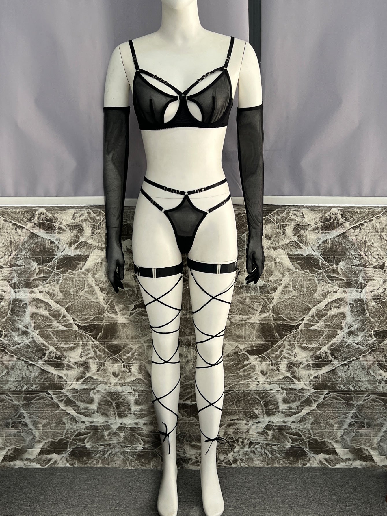 FREEDOMBEAUTY | European and American cross-border mesh see-through belt steel ring gathers to shape sexy underwear 4-piece set