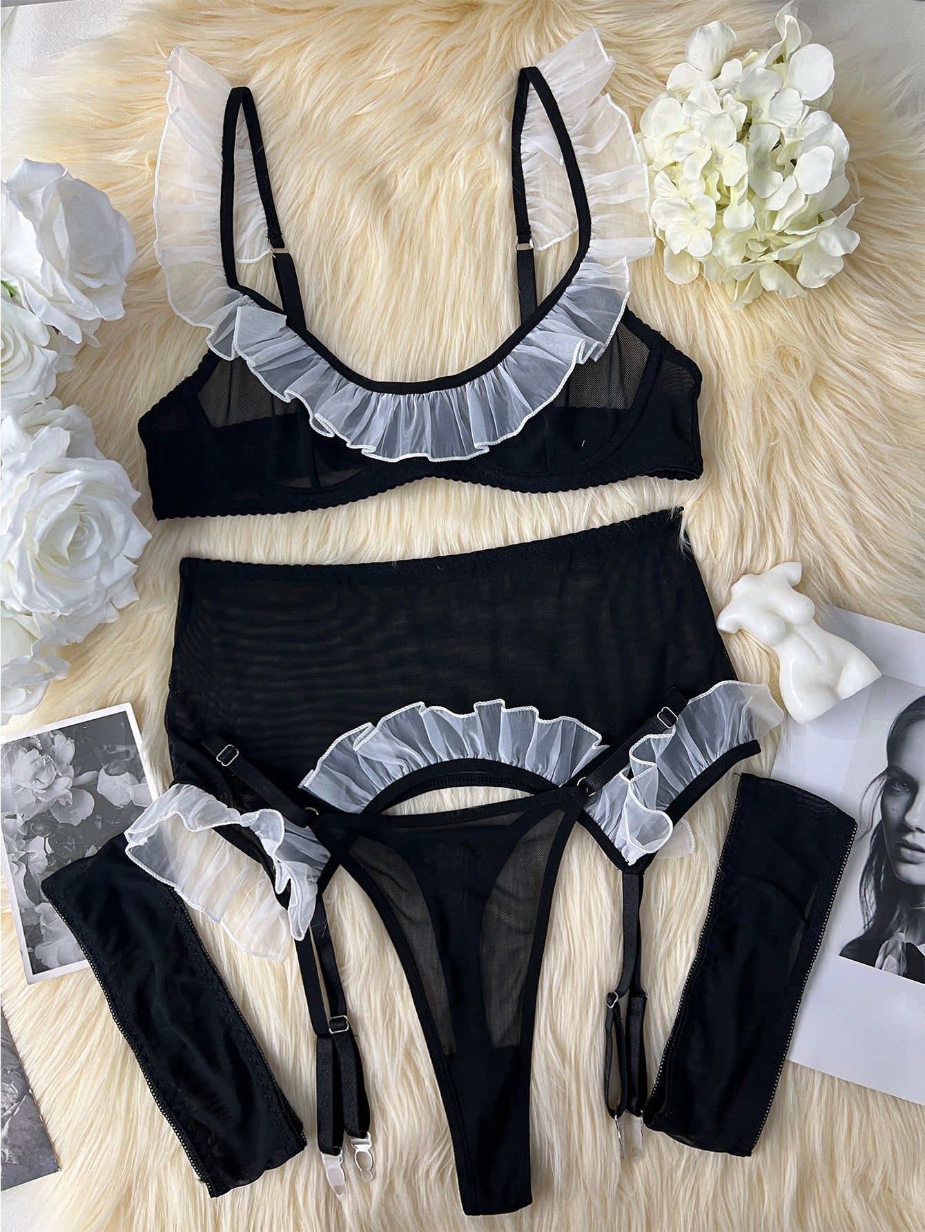 freedombeauty|New mesh stitching maid cosplay sexy lingerie set