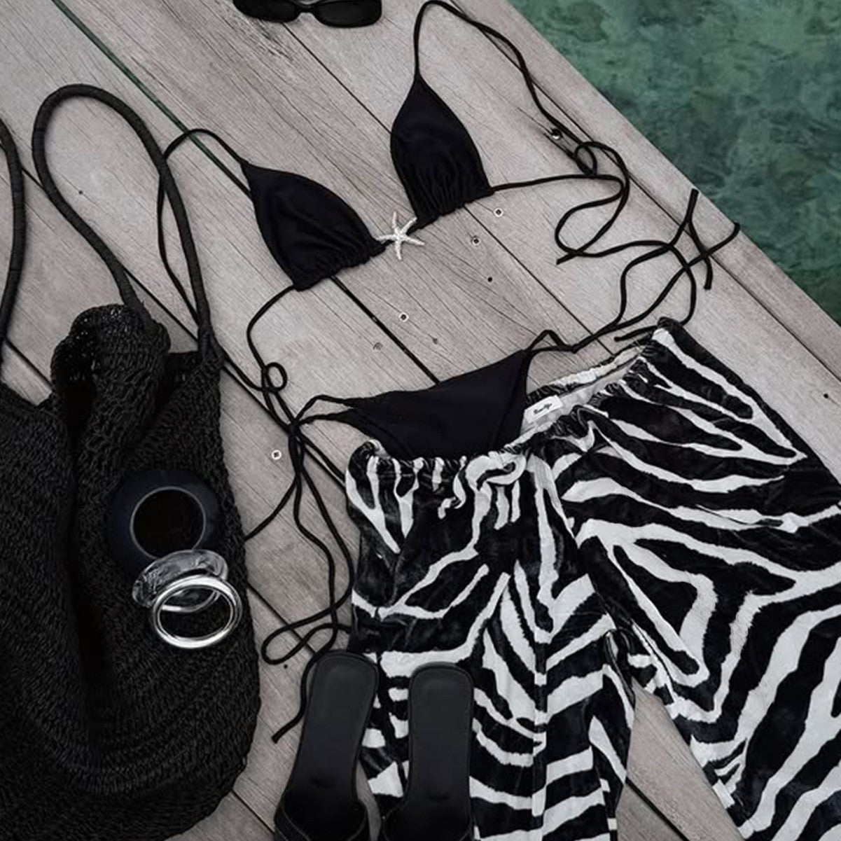 FREEDOMBEAUTY | 2025 new hot-selling zebra pattern mesh trousers three-piece bikini swimsuit female bikini sexy