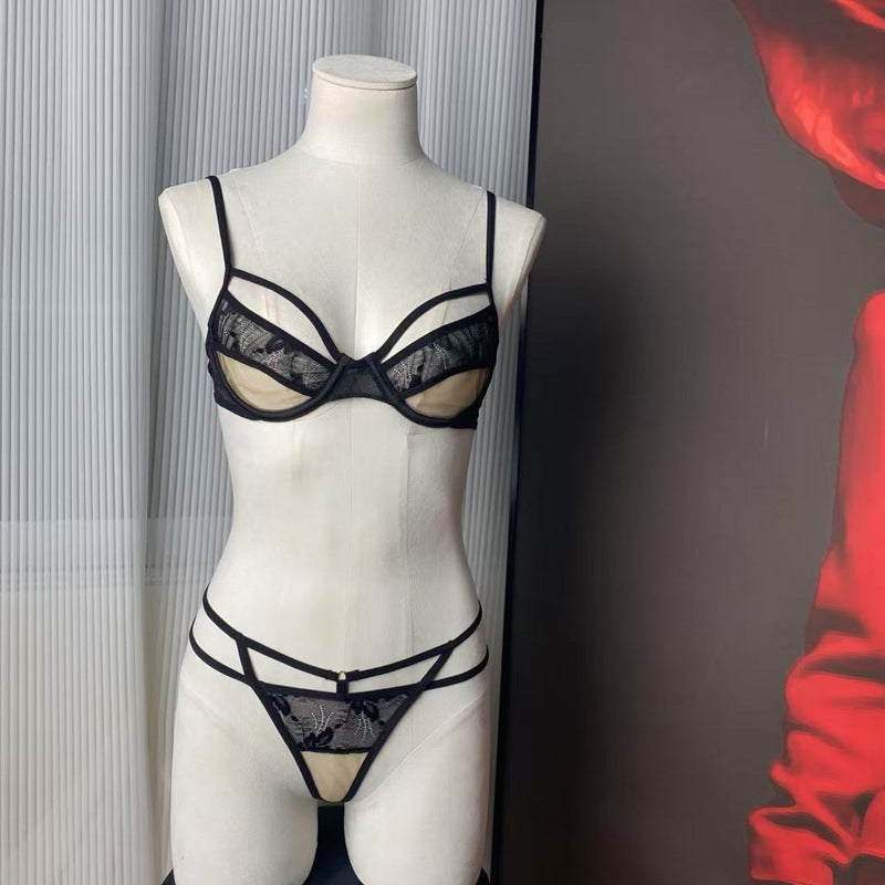 FREEDOMBEAUTY | FQ2978 lace mesh stitching steel tray see-through bra open crotch thong set French underwear female sexy
