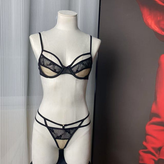 FREEDOMBEAUTY | FQ2978 lace mesh stitching steel tray see-through bra open crotch thong set French underwear female sexy