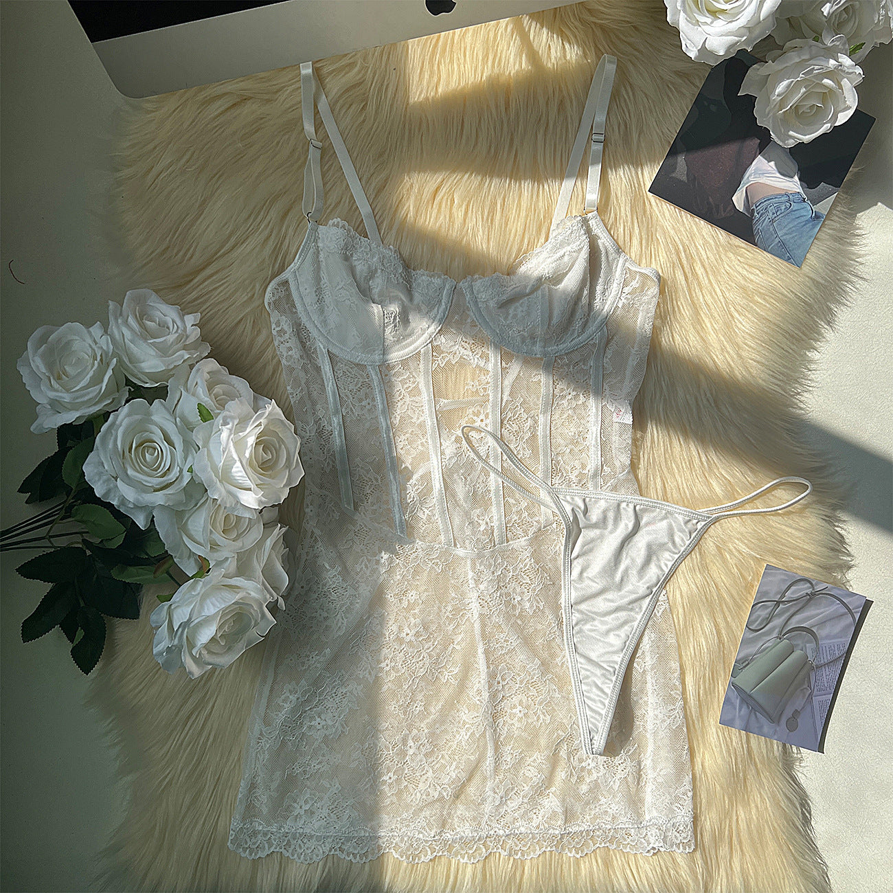 freedombeauty｜Gather chest support lace suspender perspective backless seduction sexy lingerie women's shapewear onesie