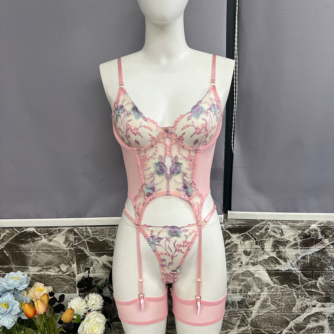 freedombeauty|Popular Sexy Temptation Mesh Heavy Industry Embroidery Mesh 3-piece Bra Set