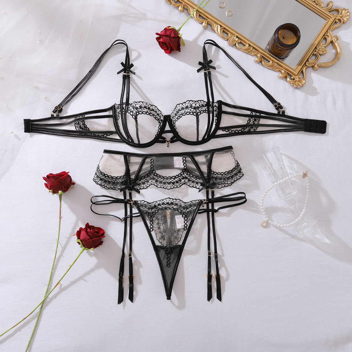FREEDOMBEAUTY | European and American cross-border 2026 new bow decoration blue embroidery perspective body sculpting sexy underwear split set