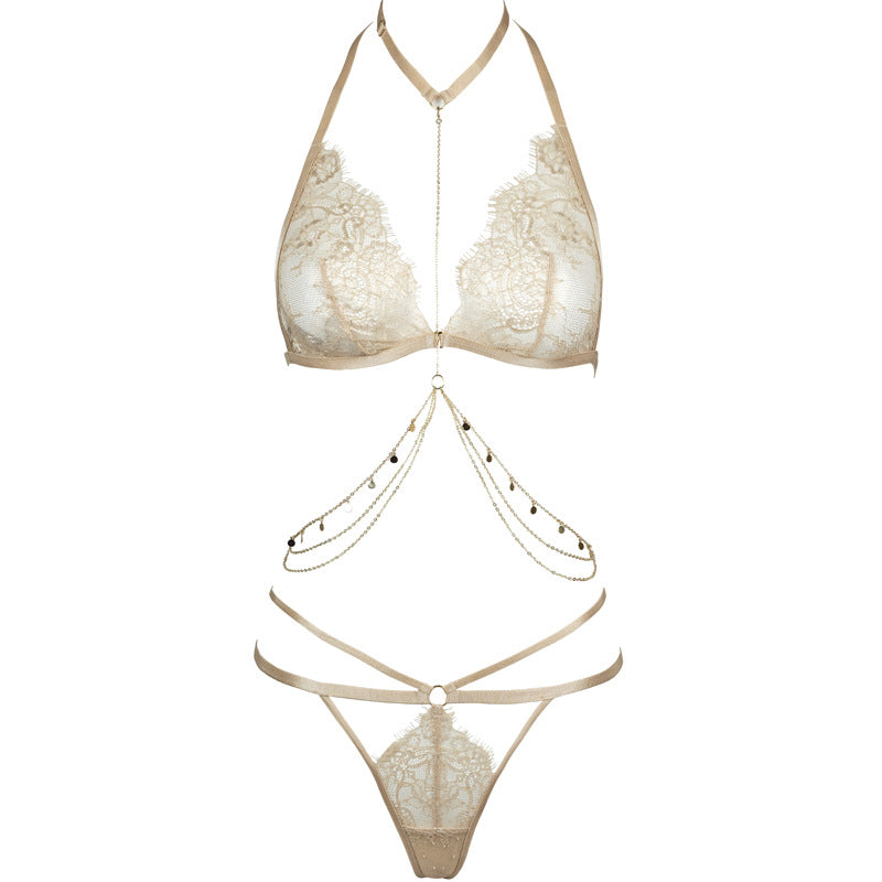 Freedombeauty | FQ2729 chain bronzing eyelash lace neck metal chain diamond chain adjustment low waist thong sexy underwear set