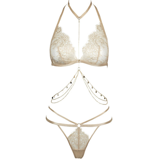Freedombeauty | FQ2729 chain bronzing eyelash lace neck metal chain diamond chain adjustment low waist thong sexy underwear set