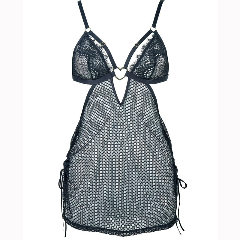 FREEDOMBEAUTY | FQ2832 Love buckle elastic mesh pull wrinkled eyelash lace see-through nightdress can be matched with open crotch pants T pants backless strap