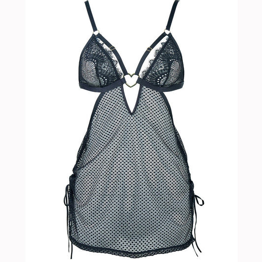 FREEDOMBEAUTY | FQ2832 Love buckle elastic mesh pull wrinkled eyelash lace see-through nightdress can be matched with open crotch pants T pants backless strap