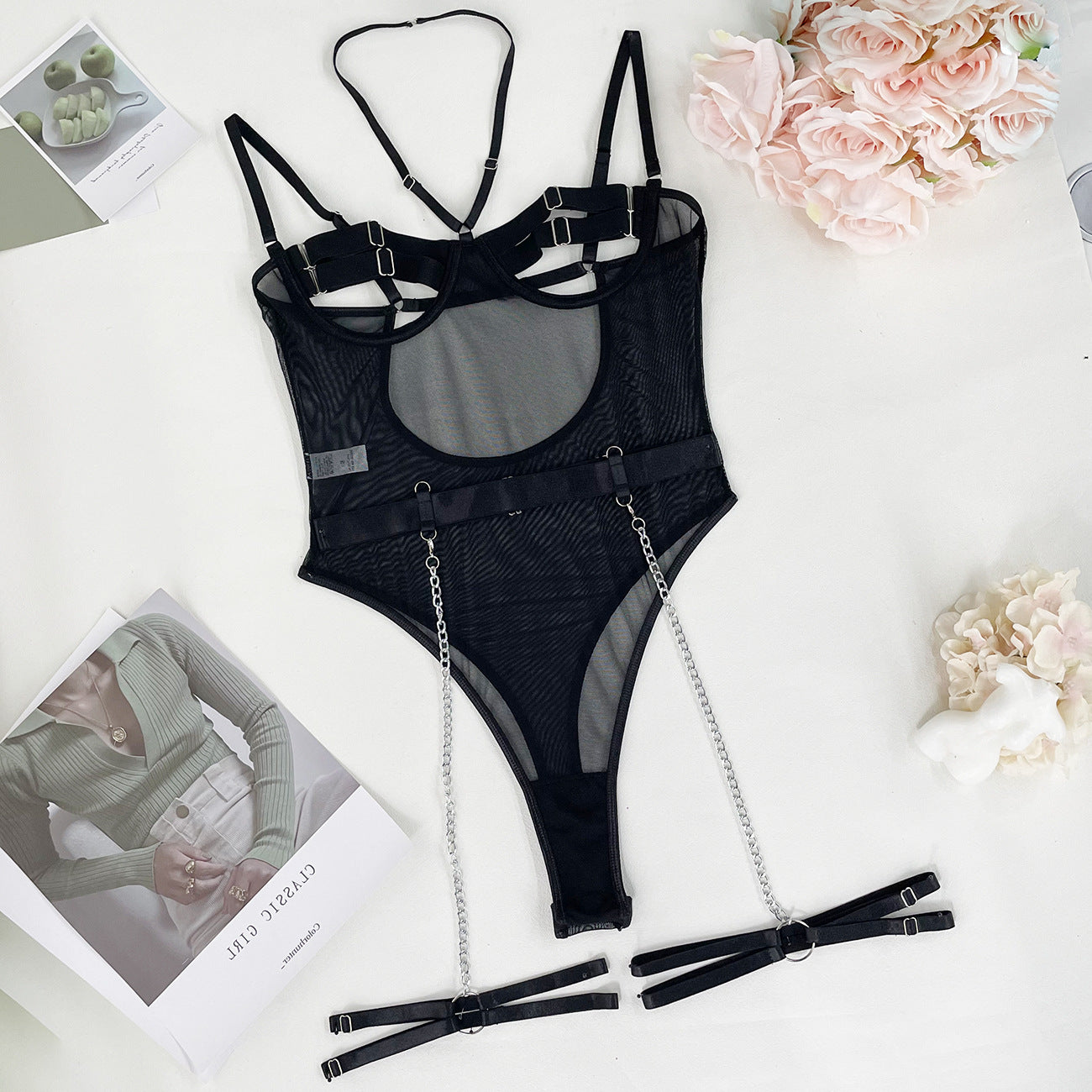 freedombeauty｜Mesh stitching backless sexy chain suspender onesie women's sex underwear