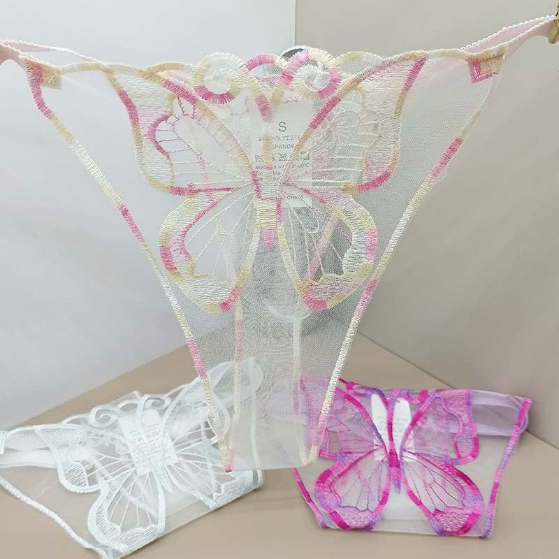 FREEDOMBEAUTY | New women's sexy perspective lace temptation three-piece mesh embroidery butterfly embroidery sex thong cross-border