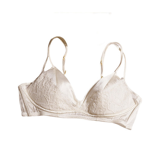 FREEDOMBEAUTY | Lace lightweight rimless mulberry silk panties triangle French double shoulder strap women's bra