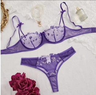 FREEDOMBEAUTY | Y French underwear feminine ink painting embroidery butterfly lace bra set thin cotton cup big breasts show small bra