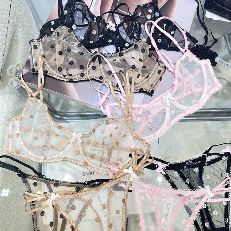 FREEDOMBEAUTY | Cross-border polka dot sexy lingerie transparent gathering bra set underwear белье Sexy Bra