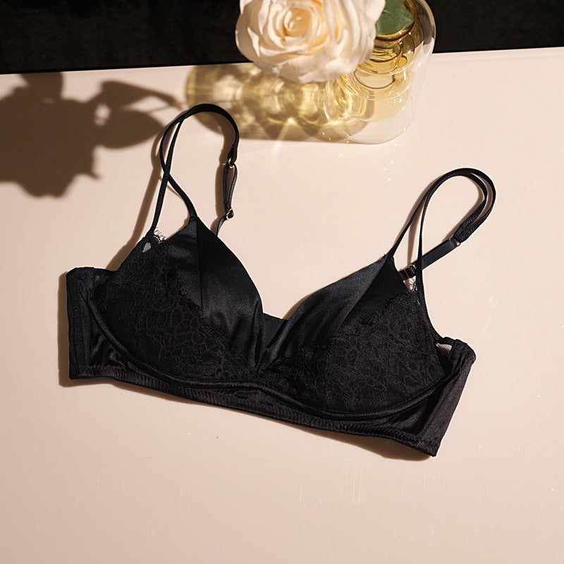 FREEDOMBEAUTY | Lace lightweight rimless mulberry silk panties triangle French double shoulder strap women's bra