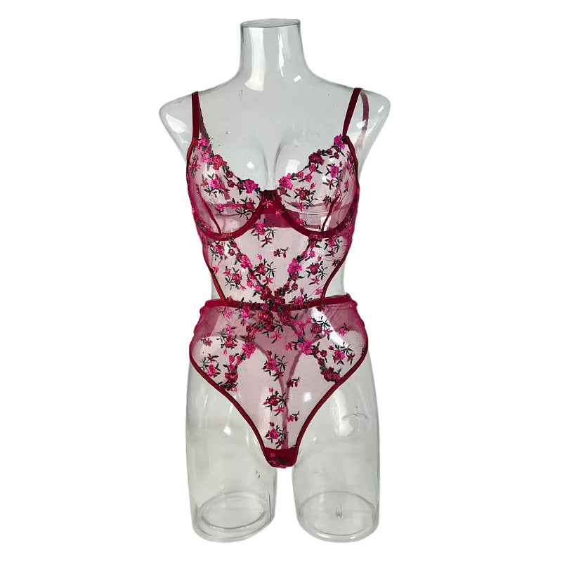 FREEDOMBEAUTY | Sexy tights mesh flower embroidery hollow perspective gathering bra sex onesie