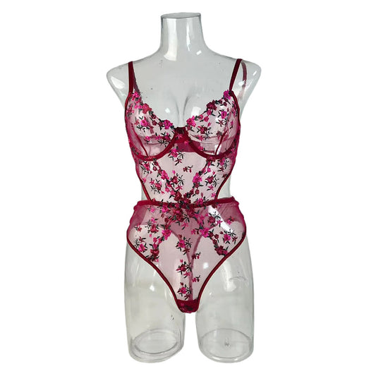 FREEDOMBEAUTY | Sexy tights mesh flower embroidery hollow perspective gathering bra sex onesie