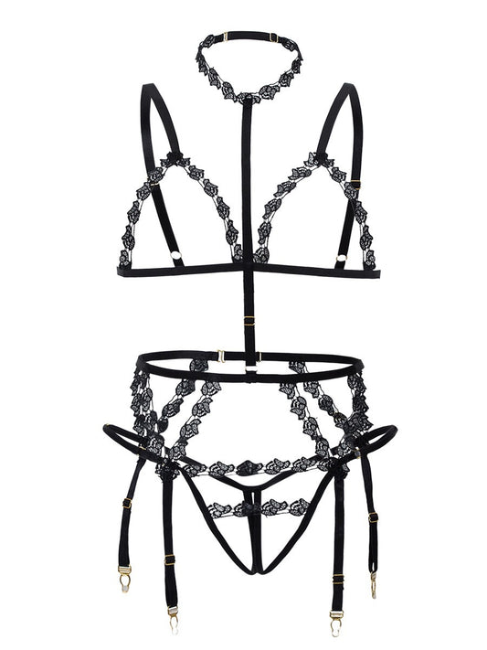 FREEDOMBEAUTY | FJ300 pink water-soluble flower hollow triangle cup adjustment shoulder strap neck garter belt open crotch thong three-piece set