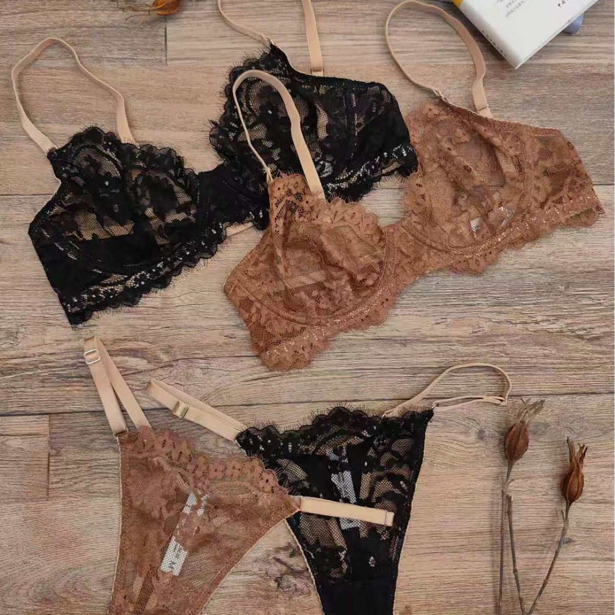 FREEDOMBEAUTY | French lace underwear sponge-free sexy bra foreign trade big breasts small gathering bra set Lingerie