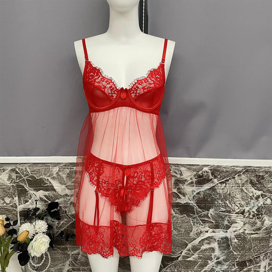 freedombeauty|New sex underwear sexy hot mesh perspective cute tulle nightdress seduction suit women