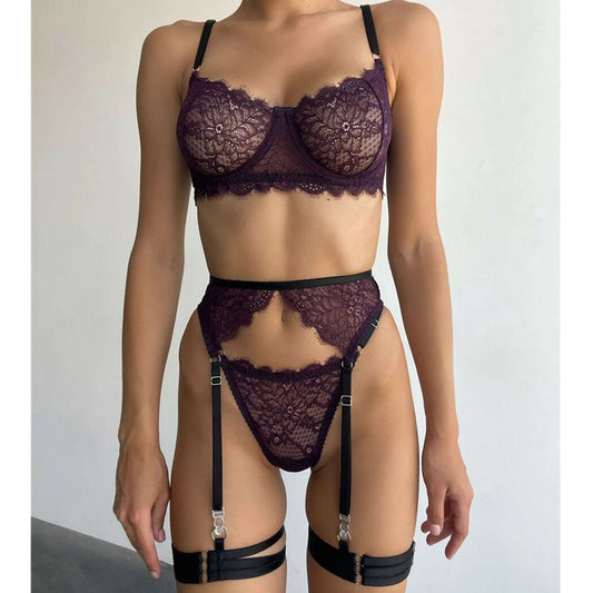 FREEDOMEBEAUTY | European and American cross-border new products, sexy underwear, fashion women's clothing, lace with steel ring, leg circumference, suspender bra set, four-piece set