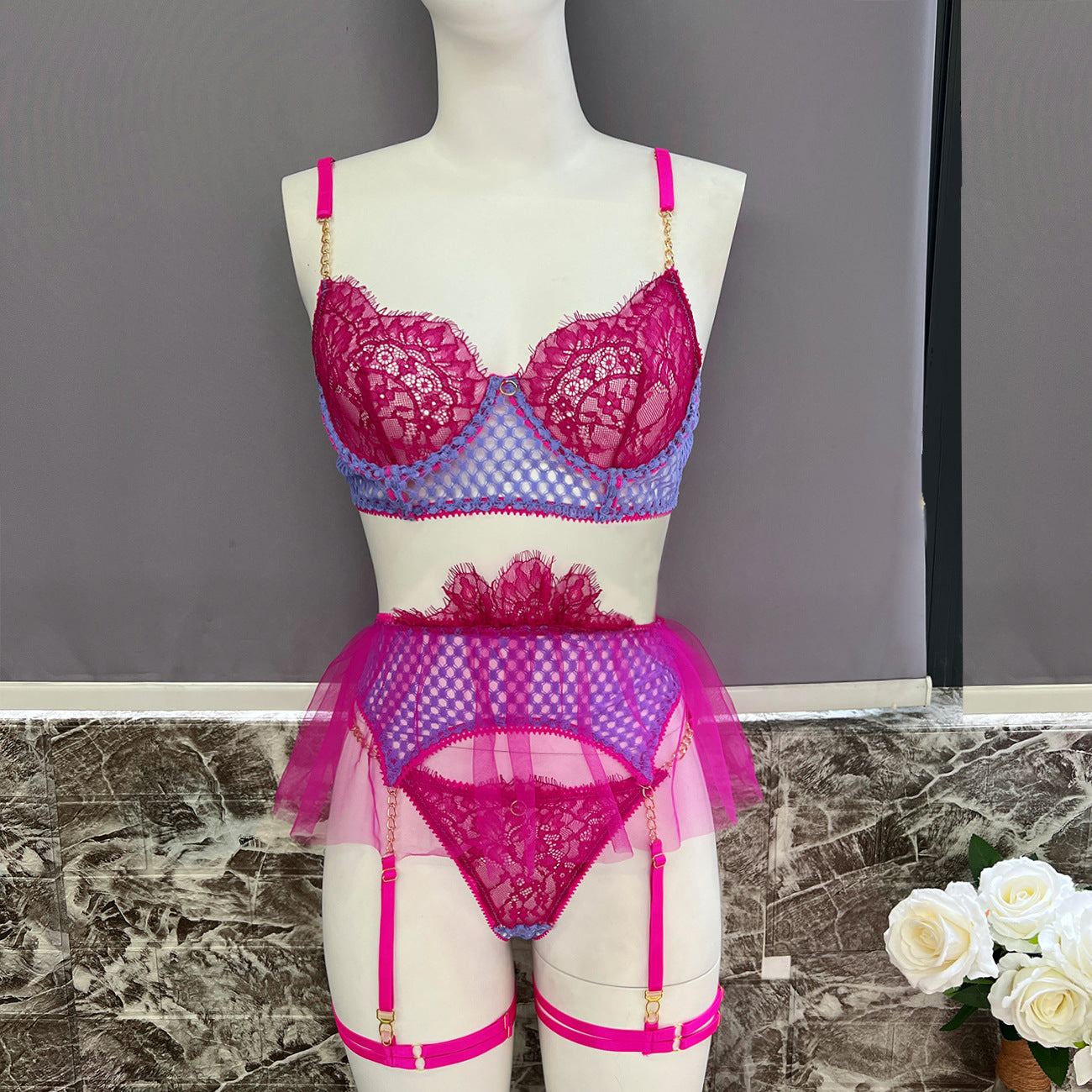 freedombeauty|High-end quality chain women's lace eyelash stitching sexy underwear kit
