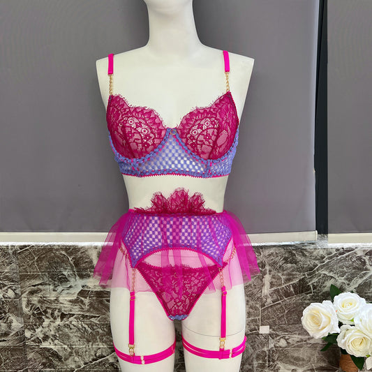 freedombeauty|High-end quality chain women's lace eyelash stitching sexy underwear kit