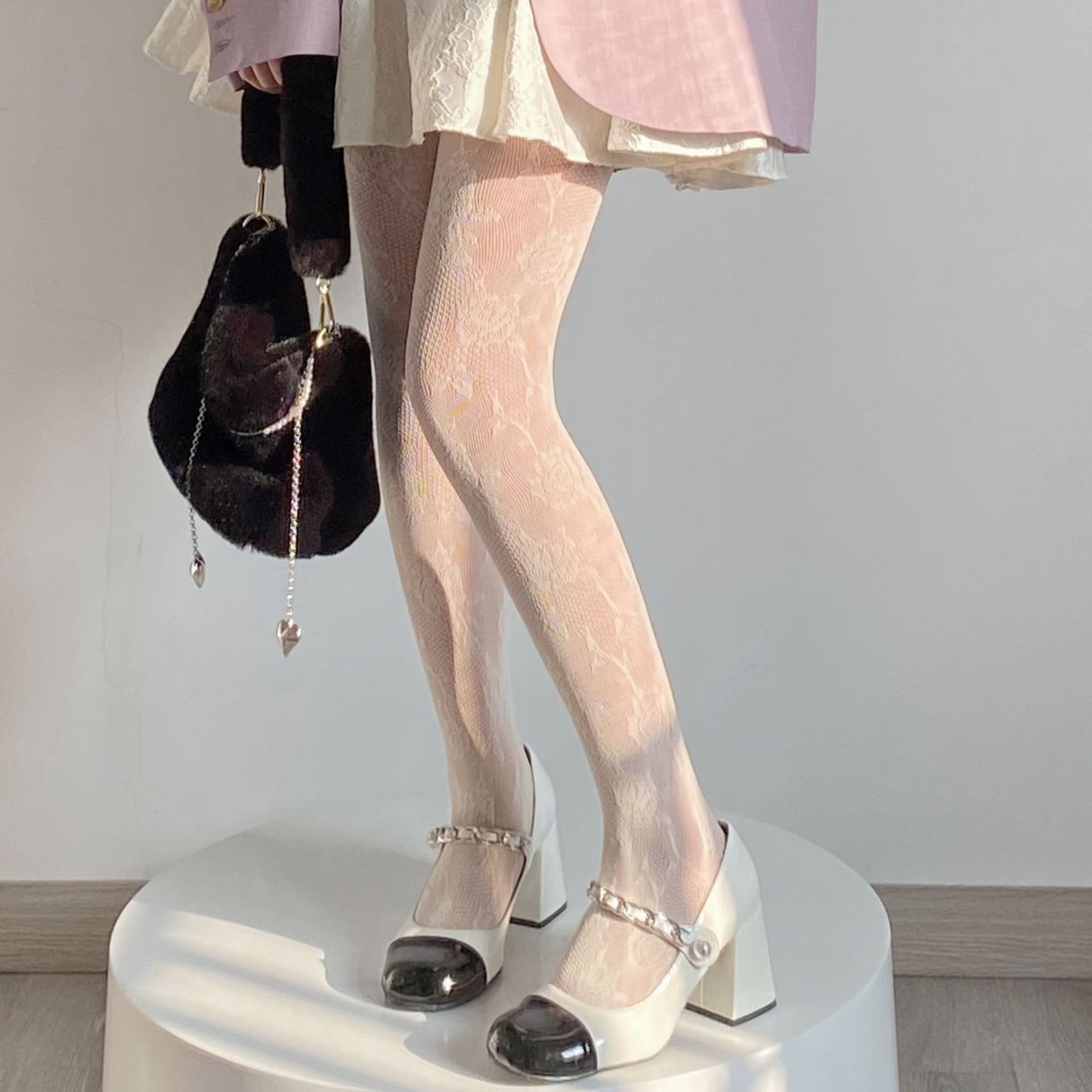 FREEDOMBEAUTY | Autumn and Winter Pure Wind Sweetheart Spice Girls White Silk Vintage Mesh Rose Stockings Fishnet Socks Bottom Pantyhose