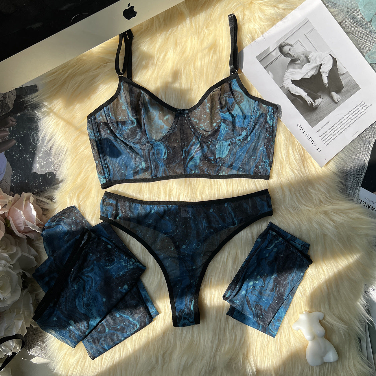 freedombeauty|New tie-dye sexy underwear 4-piece set, short vest, gloves, stockings, party sexy outerwear set