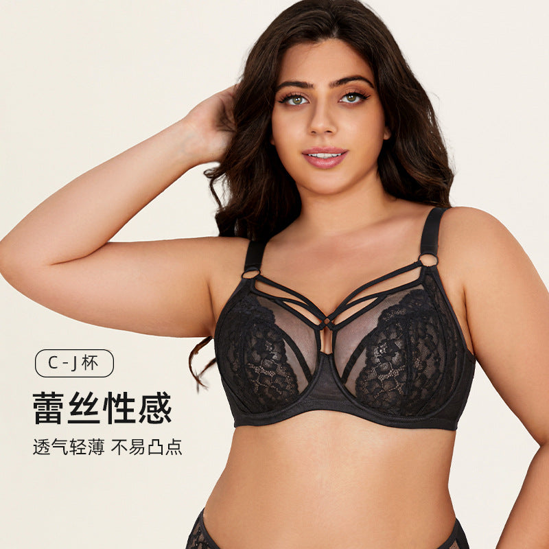 Freedombeauty | Large size underwear women's big breasts show small lace anti-sagging gathering breathable thin full cup fat MM bra women
